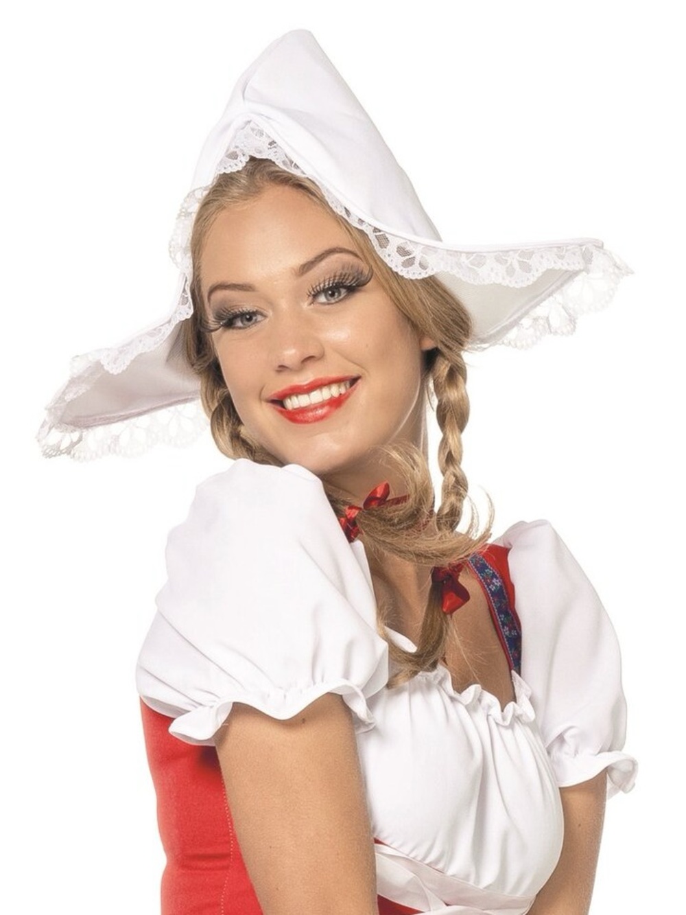 White lace bonnet resembles traditional Dutch Women headwear